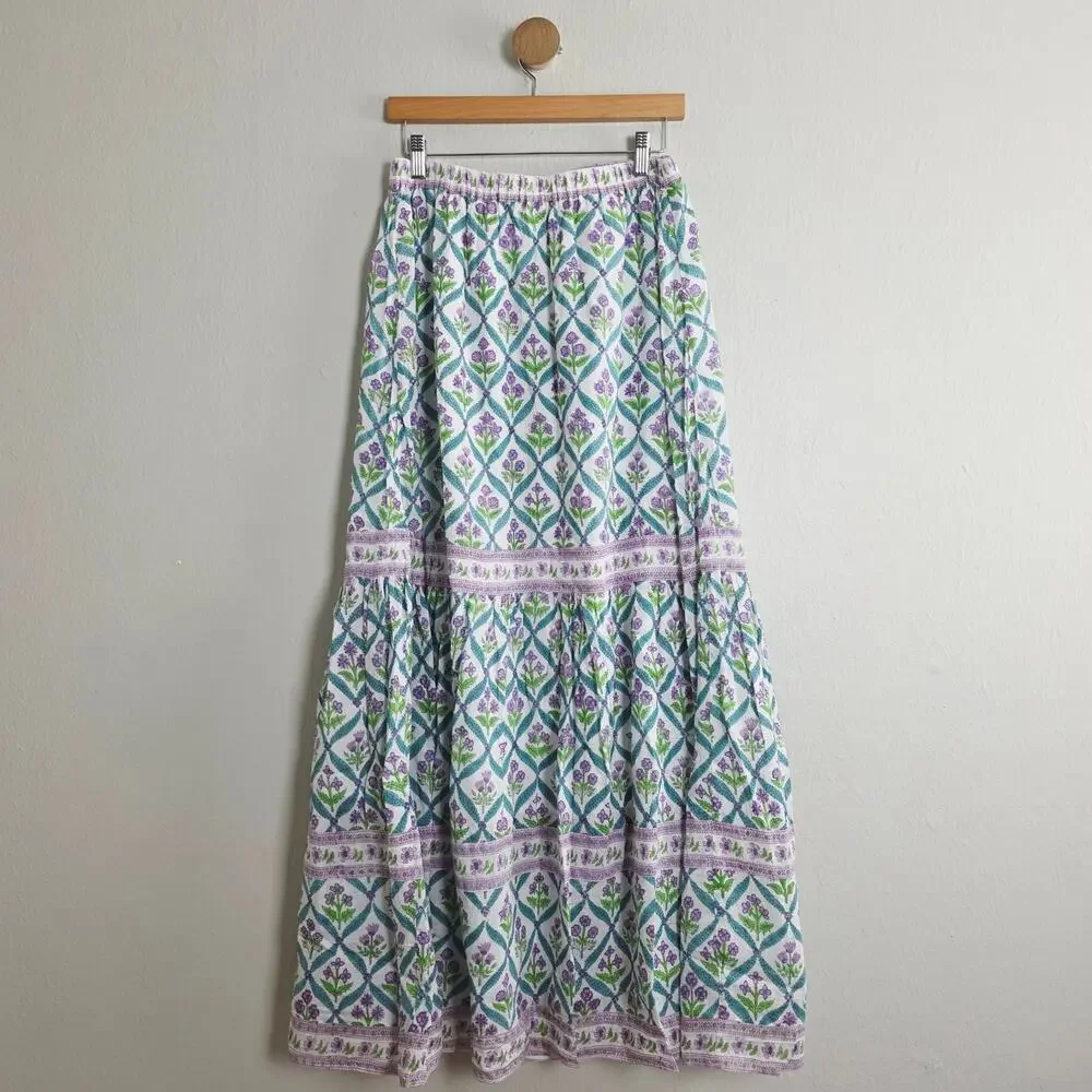 Alicia Bell Sutton Turquoise Purple Floral Silk Blend Tiered Maxi Skirt - Picture 2 of 12